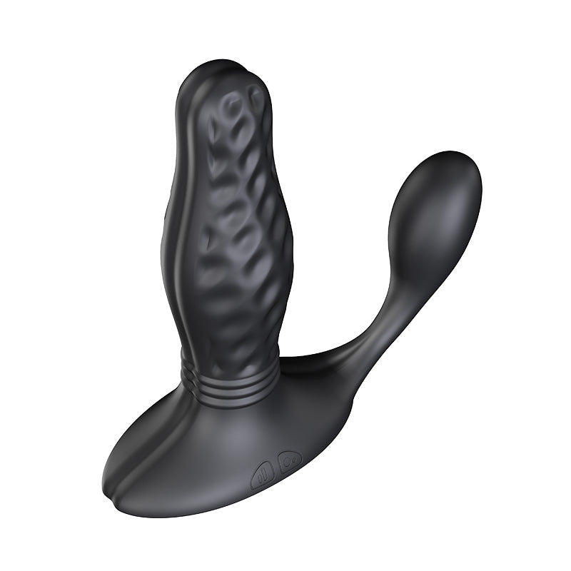 Black silicone dual-stimulation personal massager with a textured main shaft and a curved dual-stimulation sleeve, shown on a solid white background.