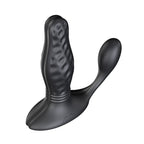 Black silicone dual-stimulation personal massager with a textured main shaft and a curved dual-stimulation sleeve, shown on a solid white background.