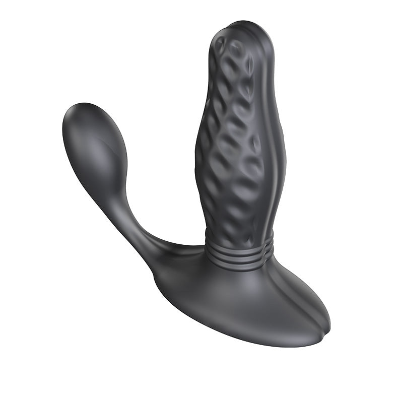 A dark gray silicone adult novelty massager with a textured shaft and a curved clitoral stimulator arm, shown on a plain white background.