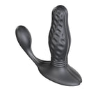 A dark gray silicone adult novelty massager with a textured shaft and a curved clitoral stimulator arm, shown on a plain white background.