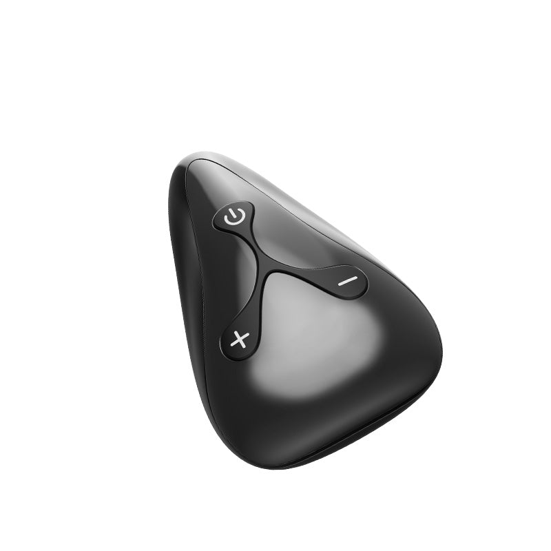 Black remote control with power and volume buttons on a white background