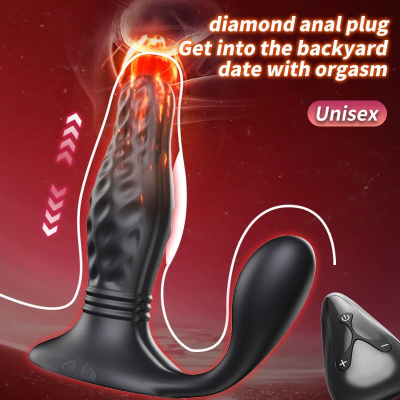 Black unisex anal plug with a textured shaft and suction cup base, shown with a remote control on a dark red background with glowing graphic effects and promotional text.
