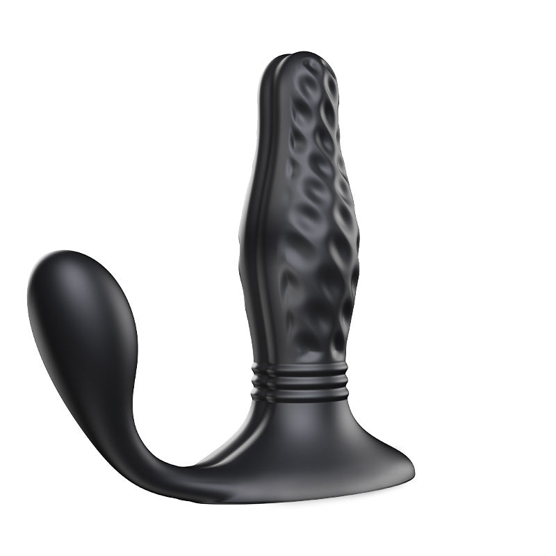 A matte black silicone dual-stimulation personal massager with a textured shaft and curved base, shown on a solid white background.