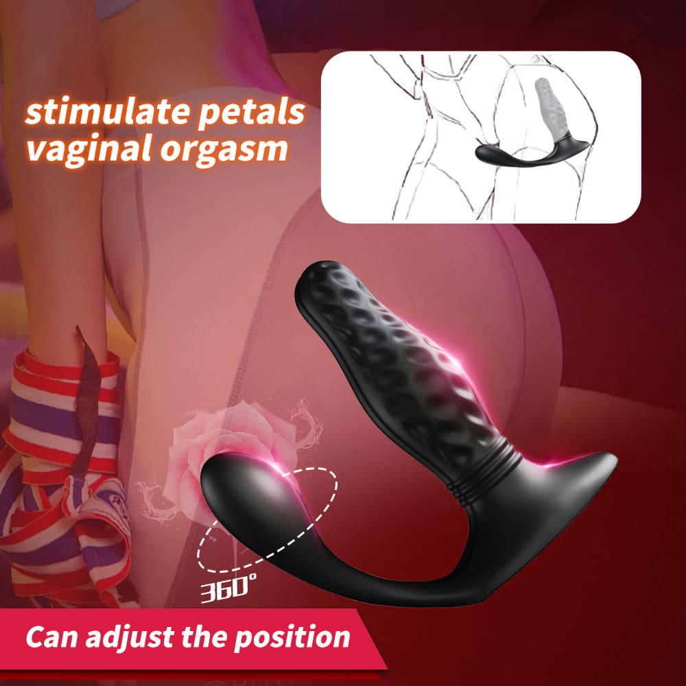 Black curved personal massager with textured grip and pink glow effect, shown over a red-toned body illustration with text reading 'stimulate petals vaginal orgasm' and 'Can adjust the position 360??'.