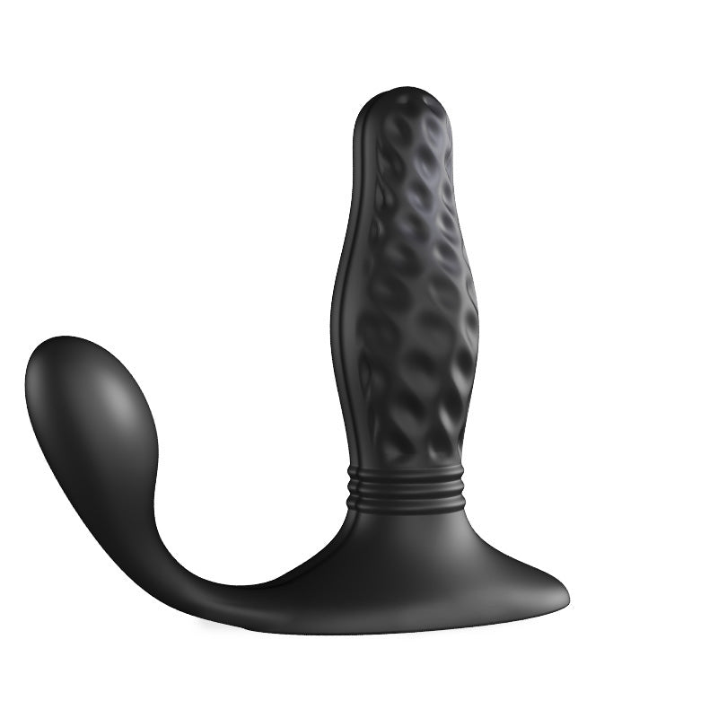 Black silicone butt plug on a white background
