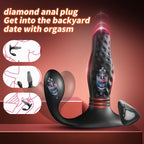 Black dual-stimulation adult novelty device with a textured main shaft, curved suction-style base, and separate small stimulator piece, shown on a red gradient background with marketing text and three inset diagram circles.