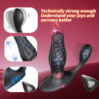 Black textured silicone personal massager with a curved shaft, suction cup base, and separate suction head, shown on a pink gradient background with feature callout panels and marketing text.