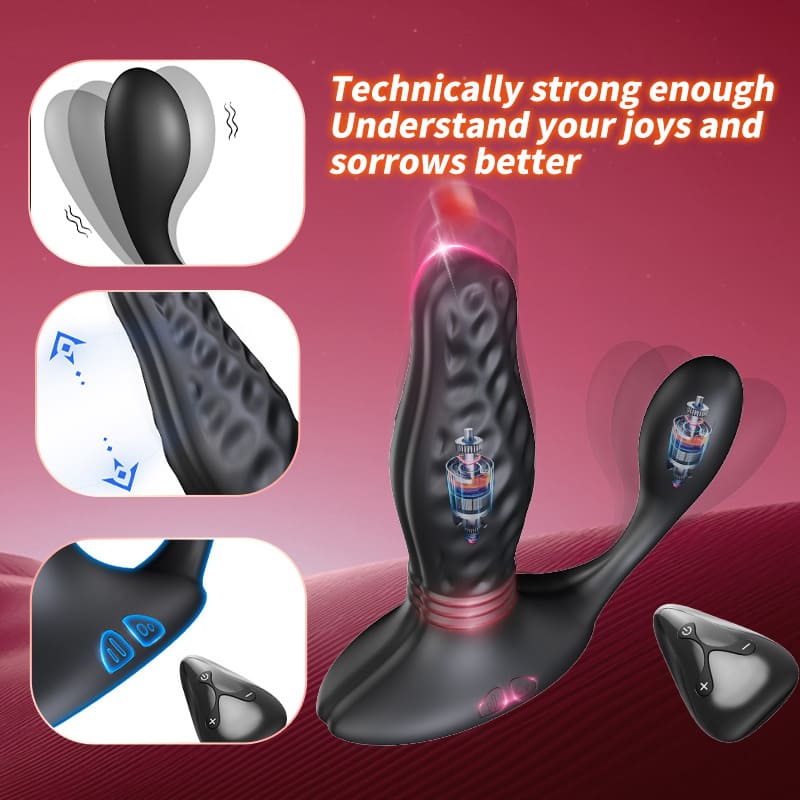 Black textured silicone personal massager with a curved shaft, suction cup base, and separate suction head, shown on a pink gradient background with feature callout panels and marketing text.