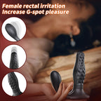 Black textured female anal plug with a suction cup base, shown in a lifestyle context with a woman in the background and three circular detail insets highlighting the product's features.