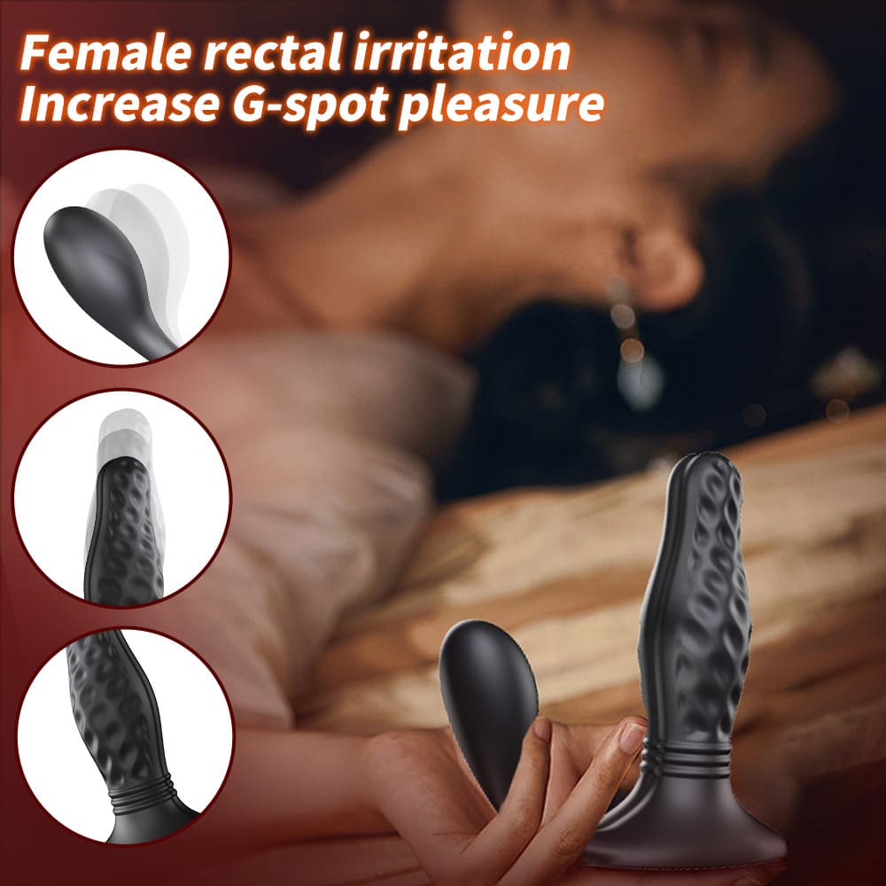Black textured female anal plug with a suction cup base, shown in a lifestyle context with a woman in the background and three circular detail insets highlighting the product's features.