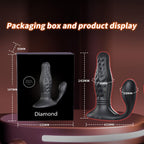 Product packaging box and display of a black curved adult novelty device with dimension callouts on a dark brown gradient background. Text at the top reads 'Packaging box and product display'.