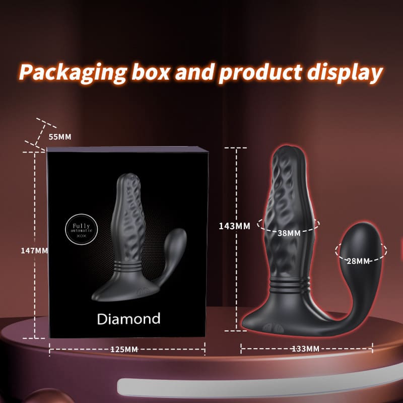 Product packaging box and display of a black curved adult novelty device with dimension callouts on a dark brown gradient background. Text at the top reads 'Packaging box and product display'.